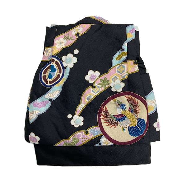 Kyoto Kimono Yuzen Hifu Set (for Ages 0-1) for Baby Boys, First Meal and First Festival, Two-Piece Kimono and Hifu Set (Black X Black with Hawk)