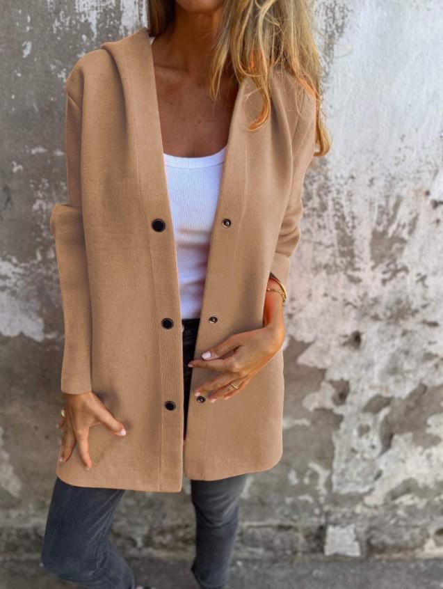 2025 Women's Solid Color Hooded Casual Jacket with Single-Breasted Design
