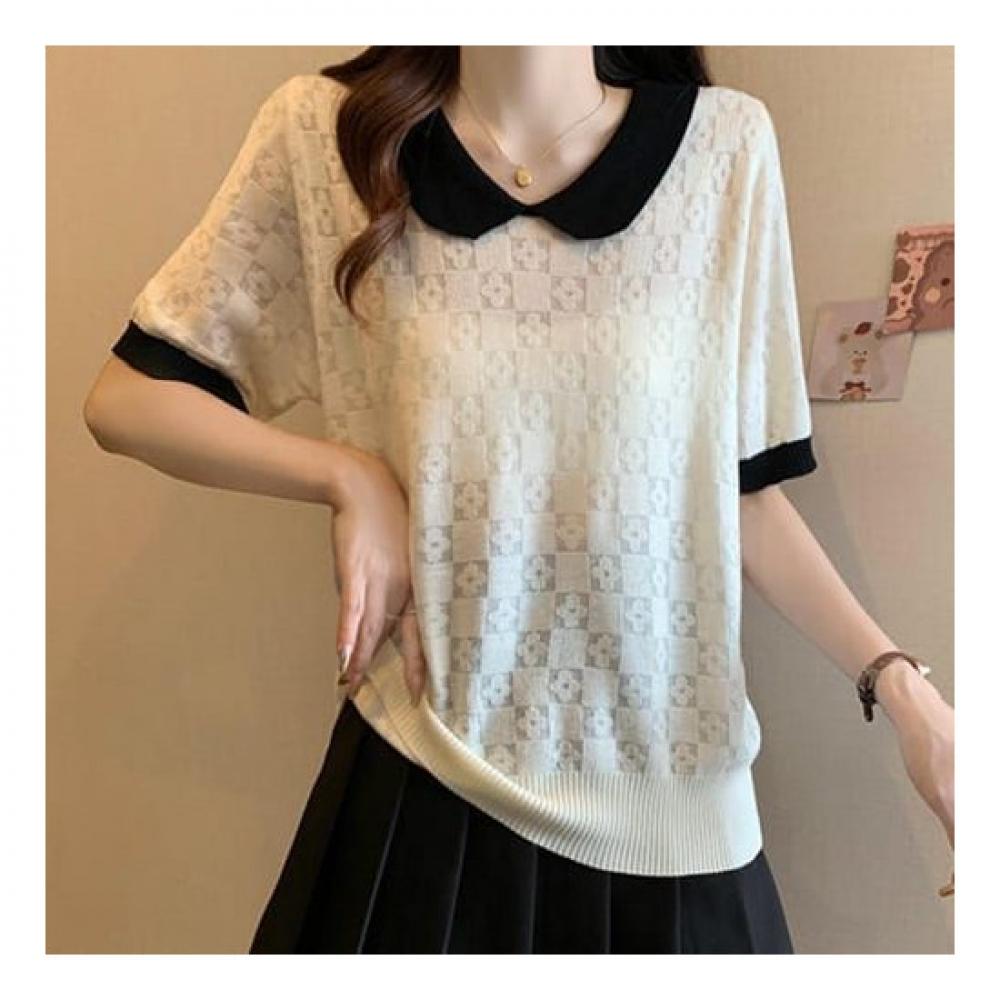 Navava Cute Lovely Check Thin Collar Short Sleeve Knit Nk2174