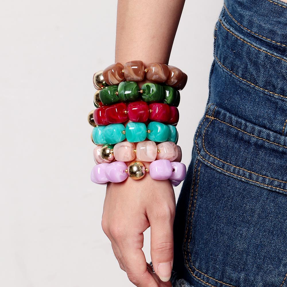 Fashion Acrylic Big Irregular Square Beaded Bracelet for Women New Trendy Imitation Stone Strechy Bracelet Hand Jewelry Gifts