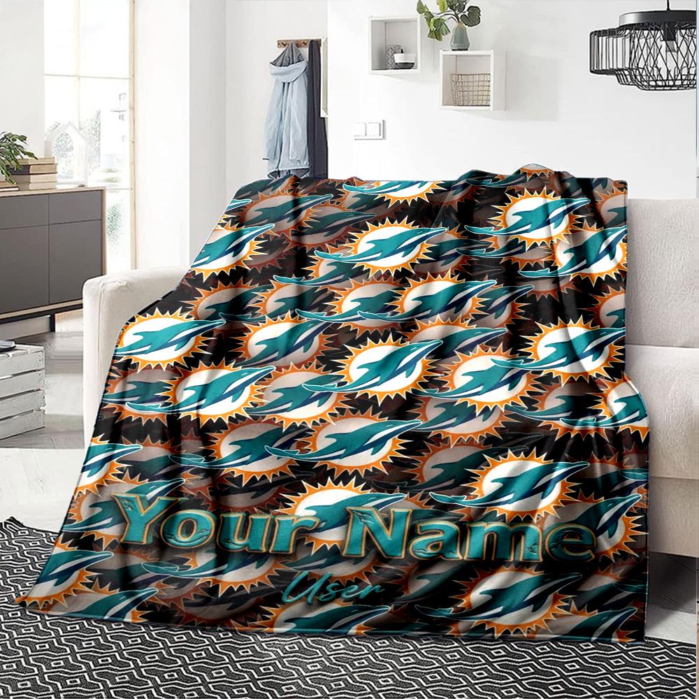 Name Custom Miami Dolphins Logos Print Flannel Blanket High Quality Warm Comfortable Cover for All Seasons Perfect for Gifts Home Decor