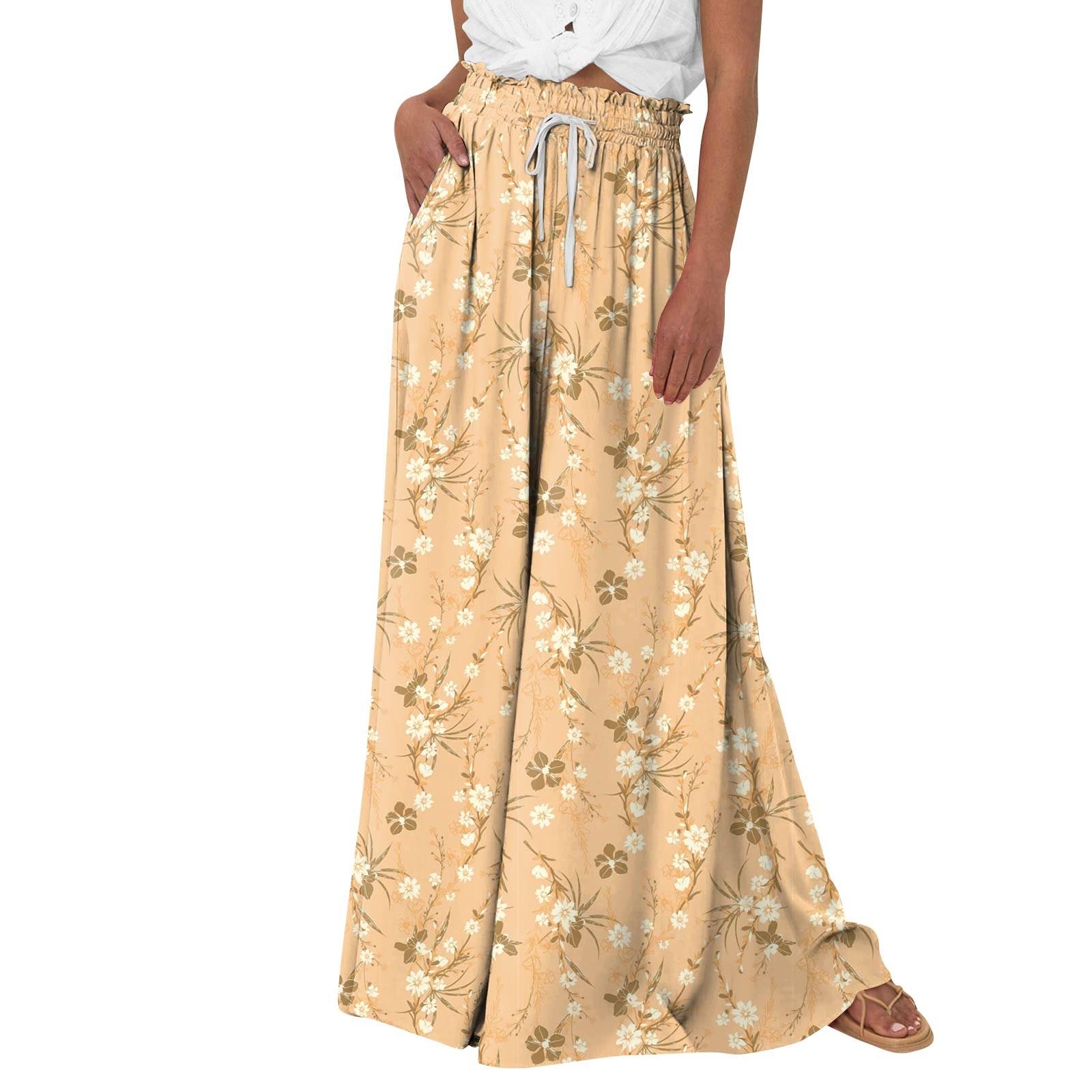 

Женские брюки-палаццо с цветочным принтом в стиле бохо, широкие брюки, летние пляжные струящиеся брюки с высокой талией и карманами XL жёлтый