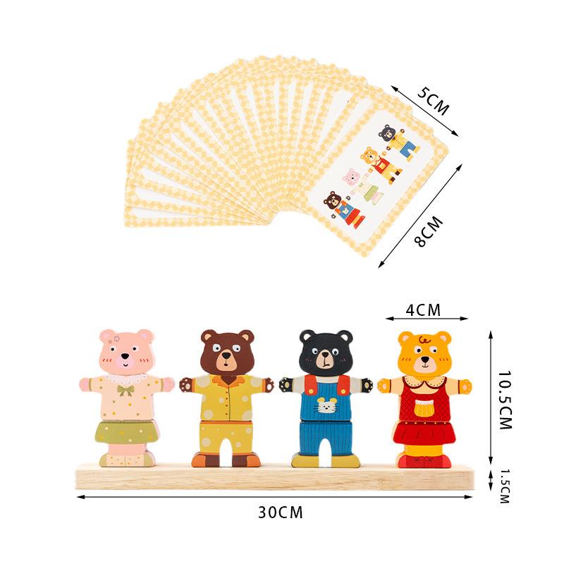 Dřevěné medvědí rodinné oblékací puzzle Montessori vzdělávací hračka Rozvíjí jemnou motoriku Kognitivní schopnosti & Kreativitu Koordinace ruka-oko