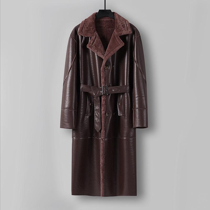 Men's Plus Size Fur-Lined Long Faux Leather Trench Coat