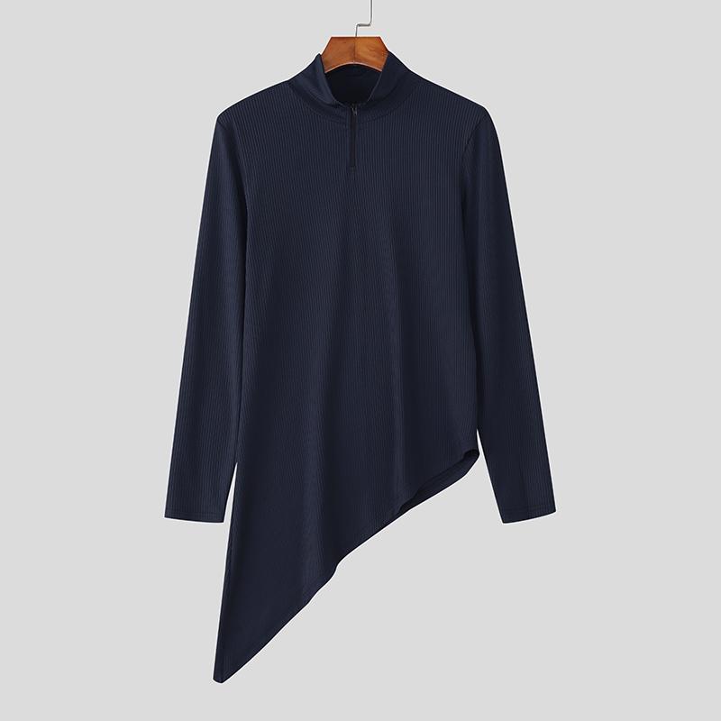 

INCERUN Осенние мужские топы с высоким воротом, пэчворк, длинным рукавом, нерегулярные, в рубчик, майки 2XL темно-синий