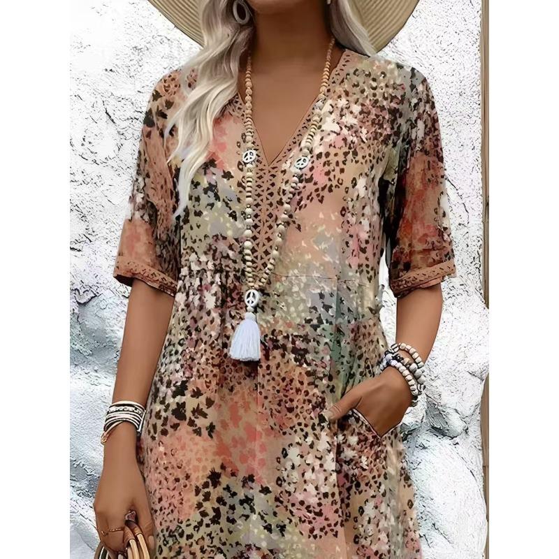 DAFIFY Women's Fashion Summer Spring Leopard Print 1/2 Sleeves V-Neck Loose Waistline Casual Dresses