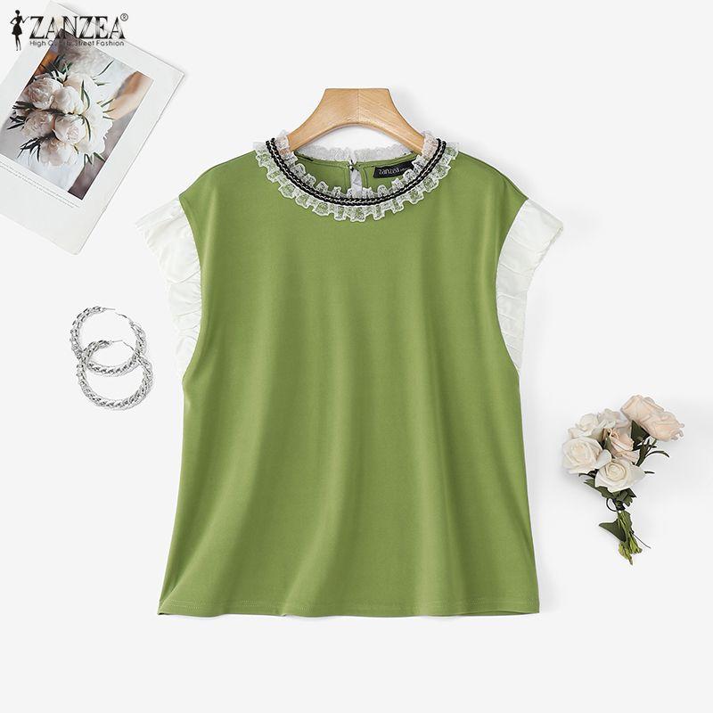 ZANZEA Damen Freizeit Rundhals Sommer Spitze Patchwork Ärmelloses T-Shirt