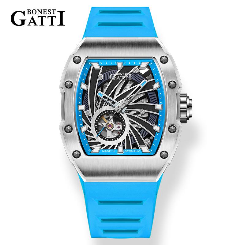 BONEST GATTI BG9902 Phantom Speed Automatic Skeleton Mechanical Watch Stainless Steel Case Rubber Strap Wristwatch for Men