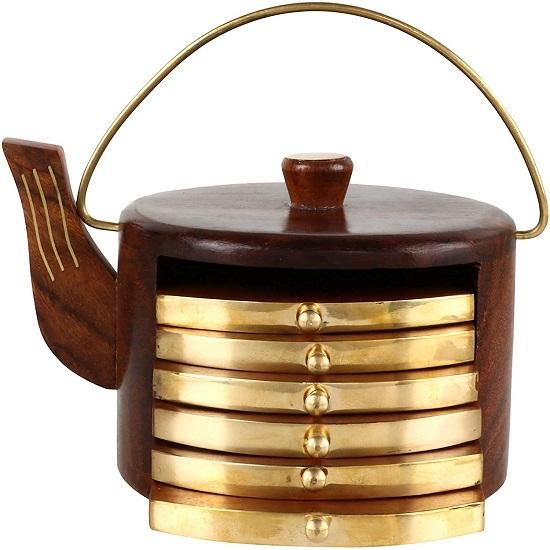 Set Di 6 Sottobicchieri In Legno Di Acacia Esagonali Con Supporto – Decorativi E Assorbenti