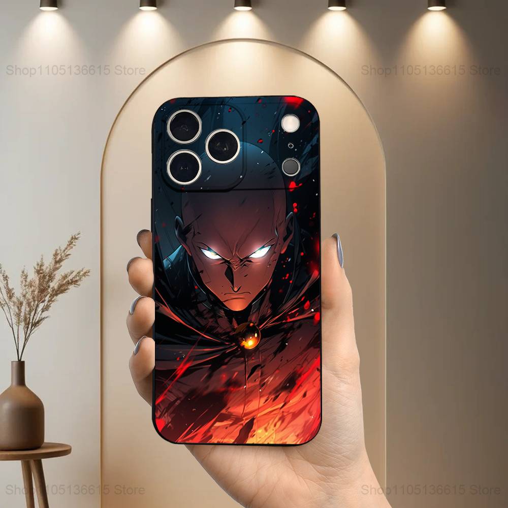 O-One P-Punch Anime Man Phone Case For iPhone 17,16,15,14,13,12,11 Plus,Pro Max,XS,X,XR,SE,Mini,8,7,Soft Silicone Black Cover