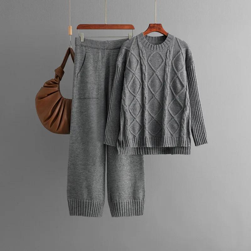 Suéter Grueso de Punto Retorcido Sólido Trajes de Dos Piezas para Mujer Top Cálido Holgado Pantalones Largos de Pierna Ancha Moda Francesa Casual Conjuntos de Punto