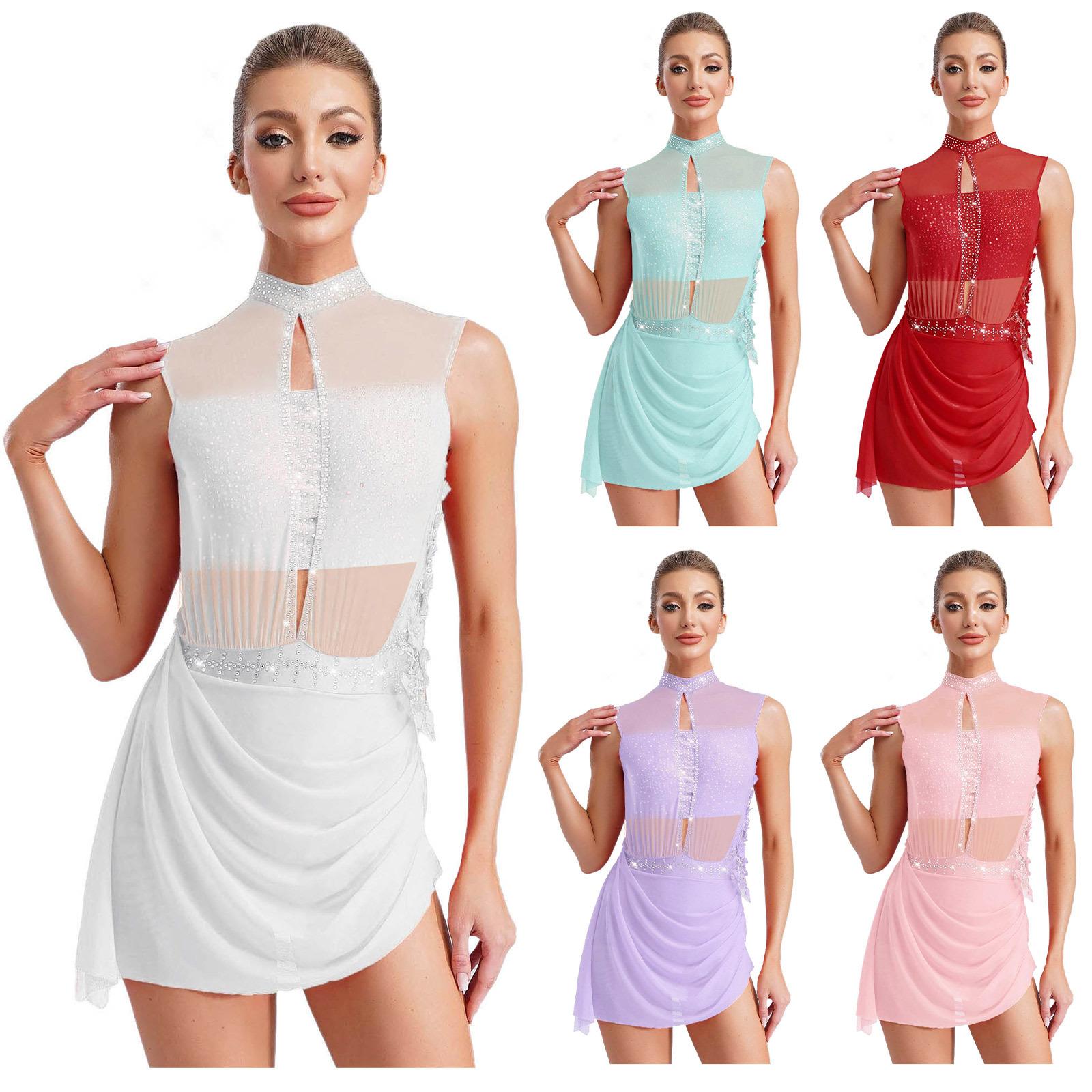 

Women Figure Skating Dance Dress Applique Flower Leotards Lyrical Dance Costume Sleeveless Backless Sheer Mesh Overlay Dress S рожевий