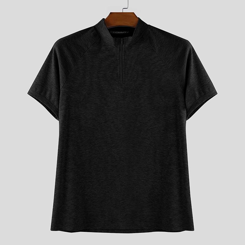 INCERUN Men Zip-up Turtleneck Short Sleeve Rib Fitted T-Shirts Tops
