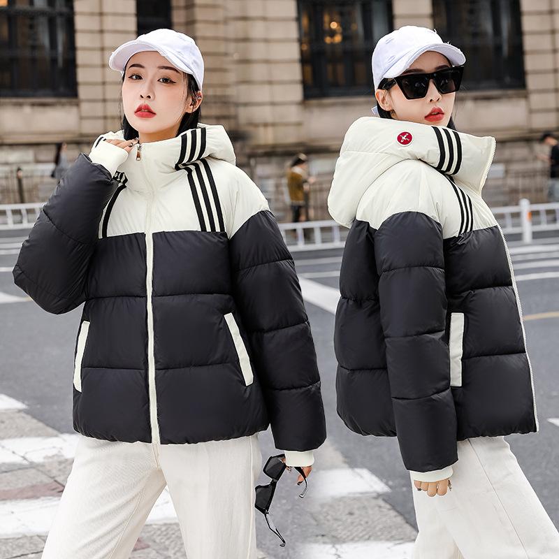 Short hooded color matching winter new down cotton thickened bread fashionable loose cotton coat