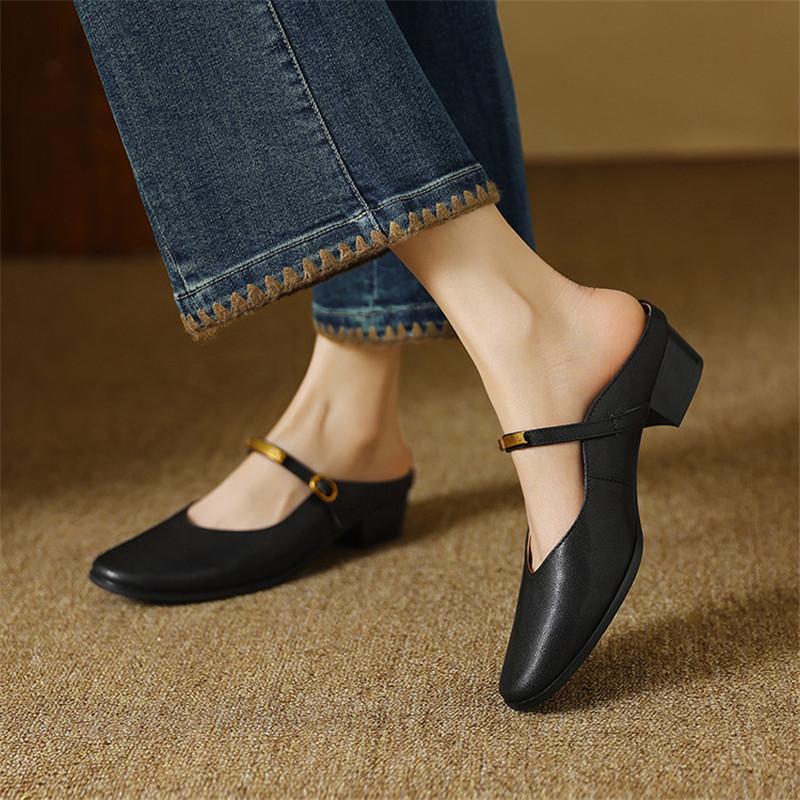 Fashion New Summer Slippers Summer Shoes Round Toe Mules Low Heels Sandals for Women Handmade Genuine Leather Sandals Ladies Shoes