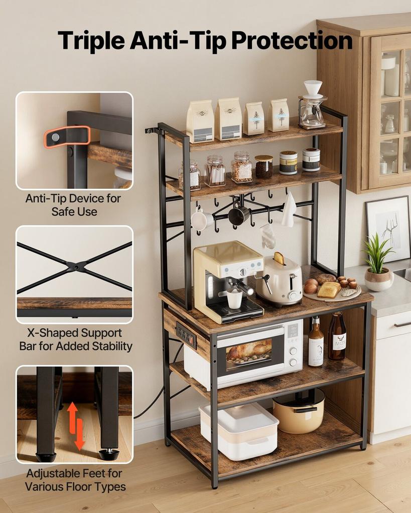 Kitchen Bakers Rack, 1.5m Power Cable Bakers Rack with Power Outlet, Kitchen Stand with X-Shaped Support Bar, 12 S-Shaped Hooks, Coffee Bar Stand for