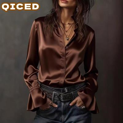 Women's Fashion Casual Solid Color Print Long Sleeve O-Neck Blouses & Shirts Unique Design