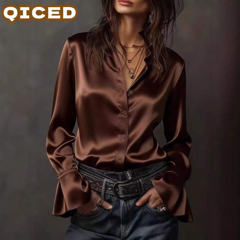 QICED Women's Fashion Casual Solid Color Print Long Sleeve O-Neck Blouses & Shirts Unique Design