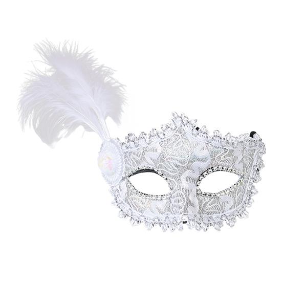 Venetian Masquerade Mask Halloween Princess Half Face Mask, Party Women Accessory with Lace Feather Rhinestones, Adjustable Ribbon Elegant белый