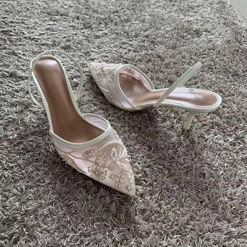 Síťované Vyšívané Tenké Sandály na Vysokém Podpatku Dámské Letní Sexy Slingback Špičaté Lodičky Společenské Boty