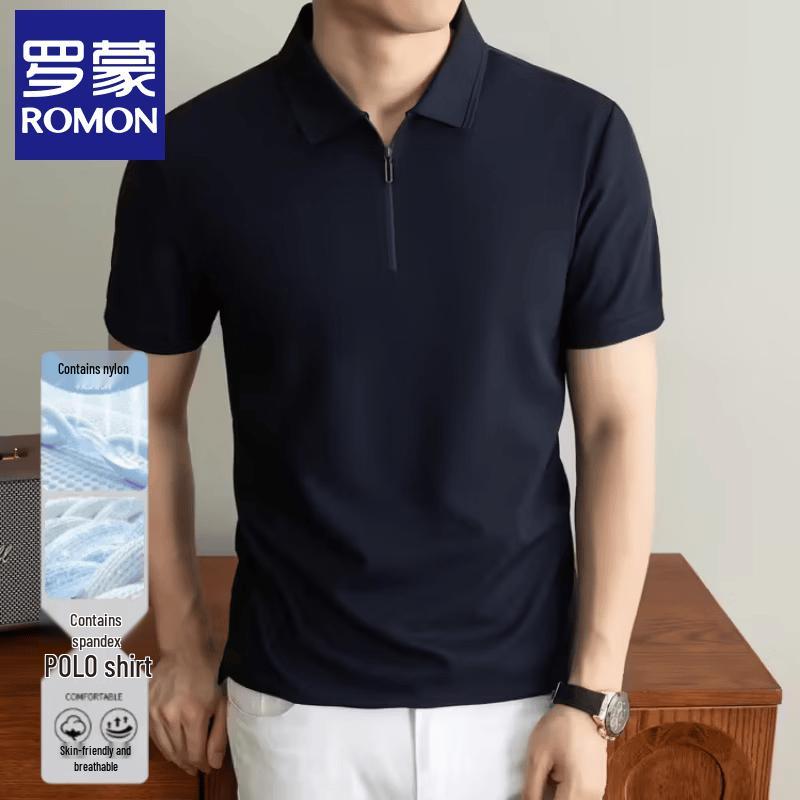 Romon Men s Short Sleeve Zipper Polo Shirt 58