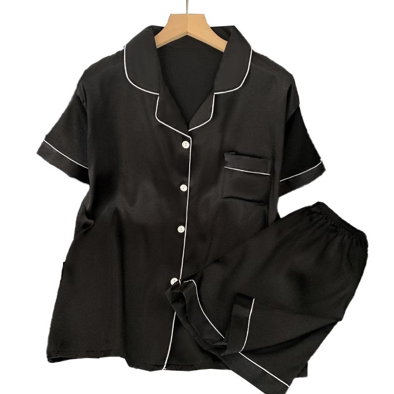 Black High-End Temperament Pajamas Women'S Summer Ice Silk Short-Sleeved Loungewear Set