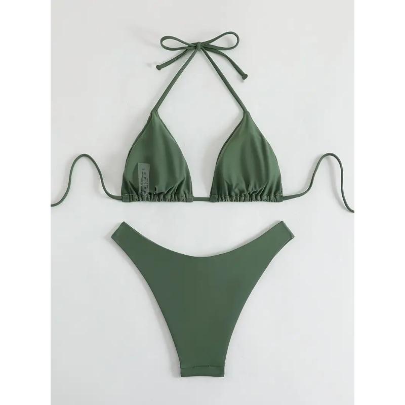 Olive Green Triangle Bikini Set Halter High Cut Cheeky Two Piece Swimsuit