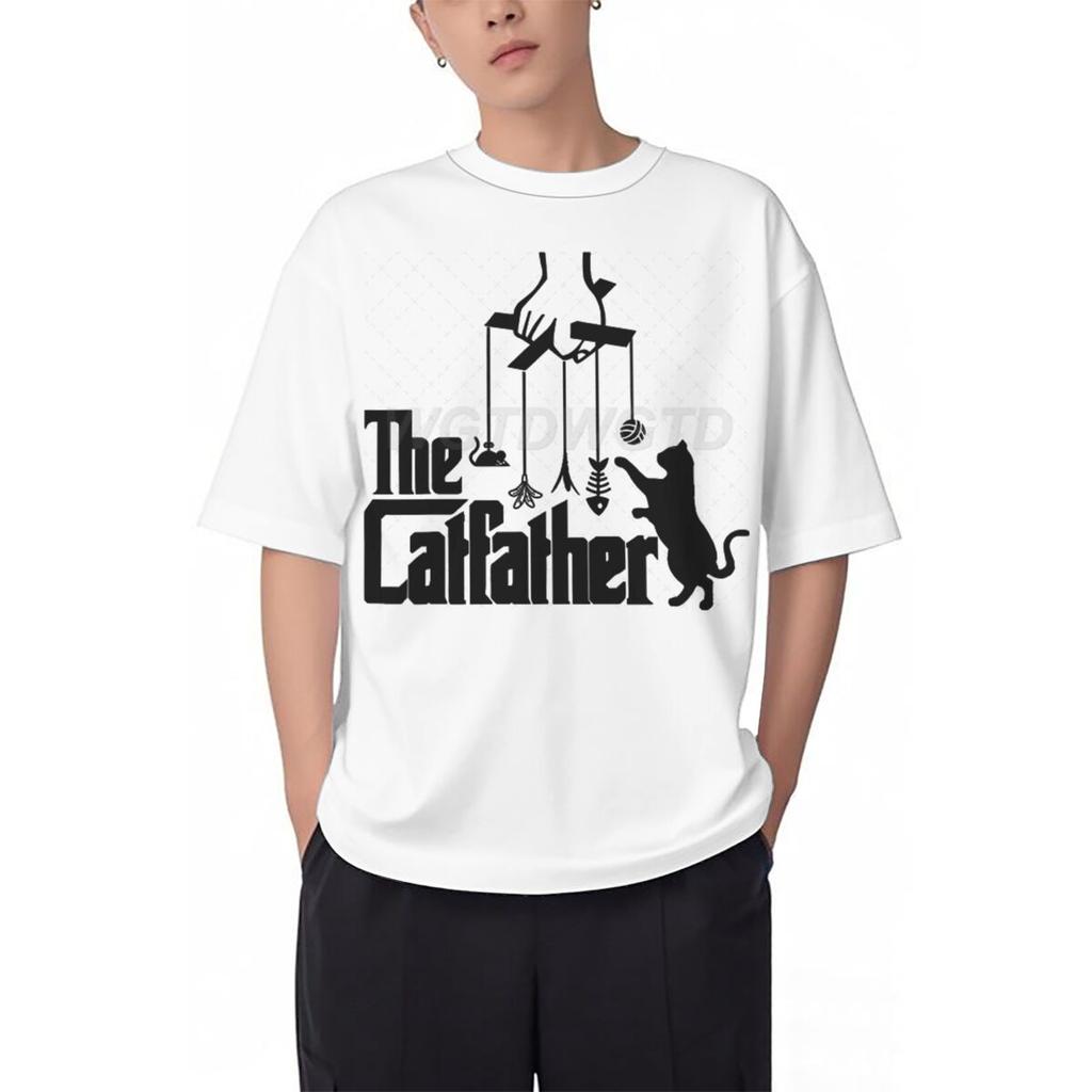 Vintage The Catfather Print T Shirt Men Fun Animal Cat Streetwear Short Sleeve Crewneck 100 Cotton Tshirts Fashion Kitten Tees