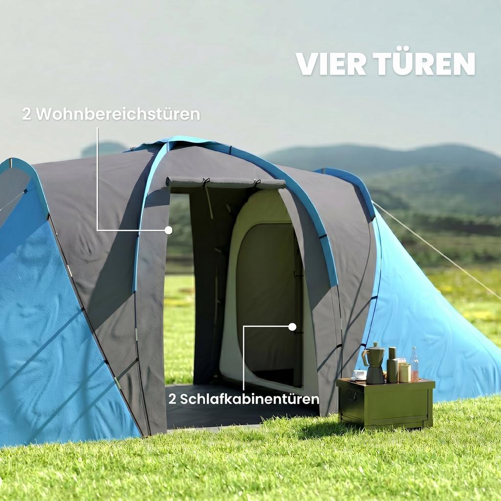 Large Camping Tent Tunnel Tent with 2 Bedroom and Living Area, 2000mm Waterproof, Portable with Bag for 4 Man, Blue