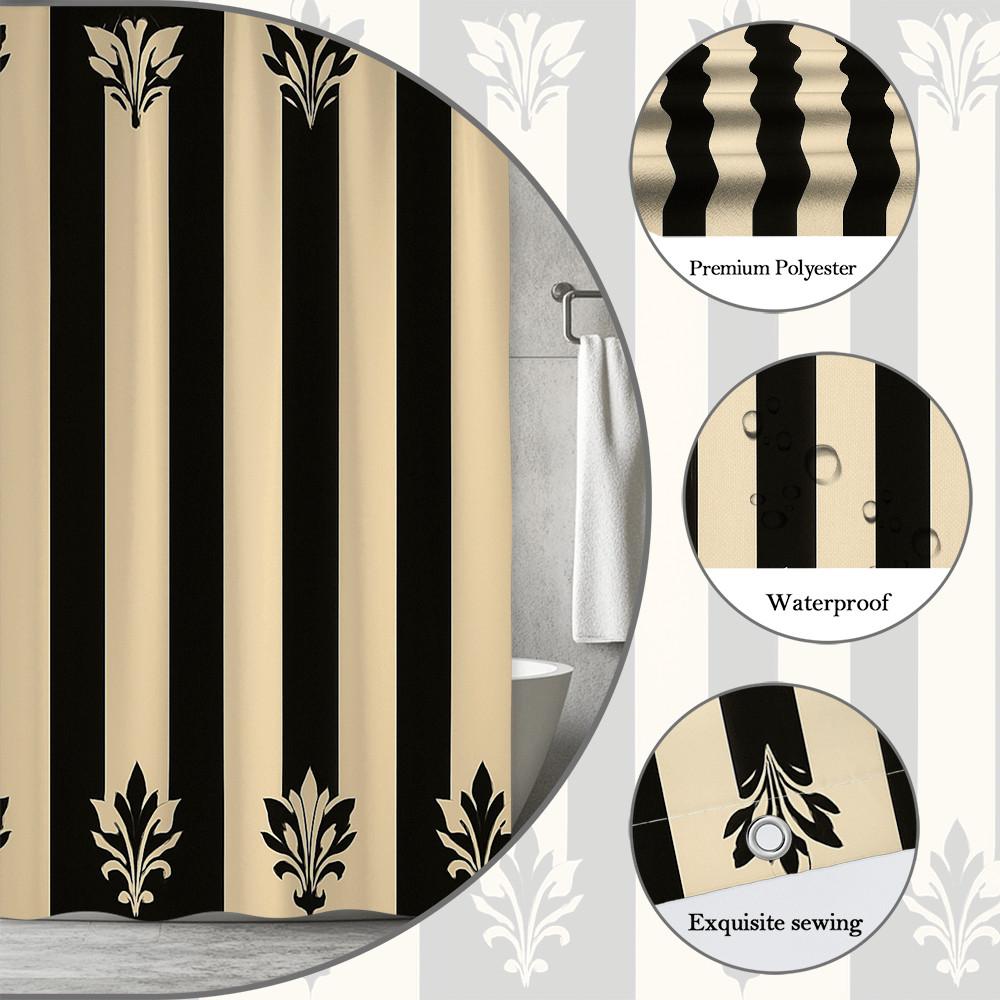 Schwarz-Creme-Streifen Duschvorhang Lilienmuster Klassisch Elegant Dekor Modernes Badezimmer Design Wasserdicht Ungiftig