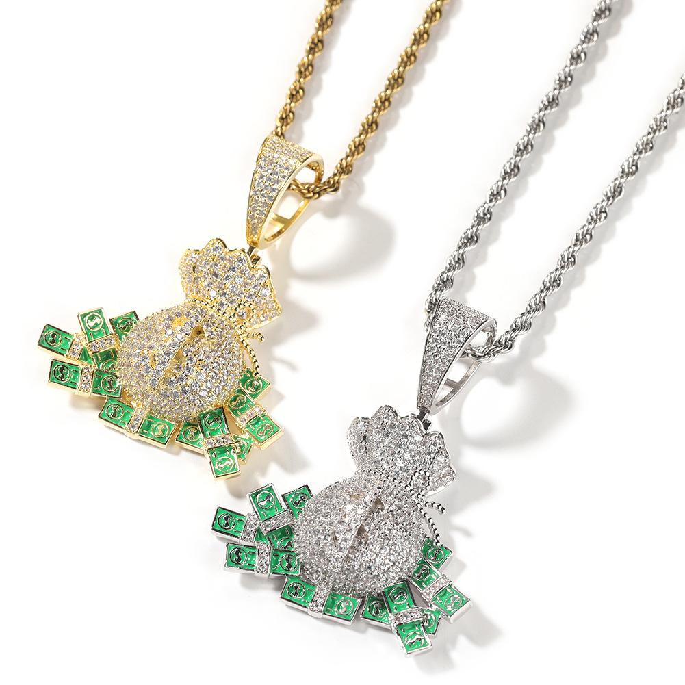 New in Stock Hip Hop Men Pendant Micro Pave CZ Rhodium Gold Plated Dollar Money Bag Necklace 24inch rope chain серебряный