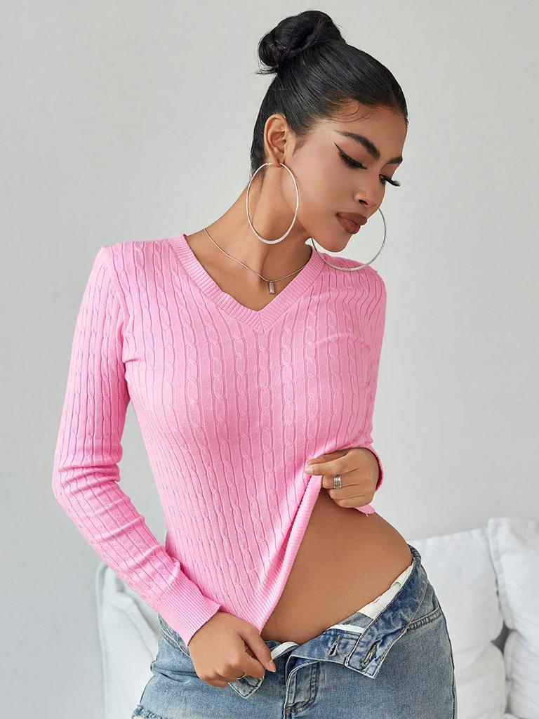Rose Beauty A Damen Frühling Casual V-Ausschnitt Langarm Slim Fit Tailliert Kurz Zopfmuster Pullover Basic Pullover Top