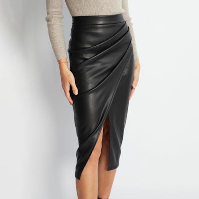 Jupe en cuir pour femme, taille haute, élégante, automne, fermeture éclair, fente sur le devant, jupe plissée en similicuir noir pour femme
