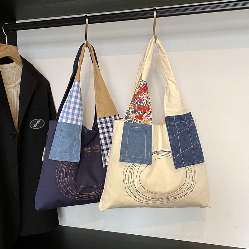 New canvas bag female student retro splicing shoulder bag large capacity shopping bag fashion tote bag
