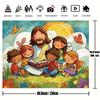 One 2D flat banner background featuring Jesus and children - cute kids bright butterflies and colorful natural sceneszyc