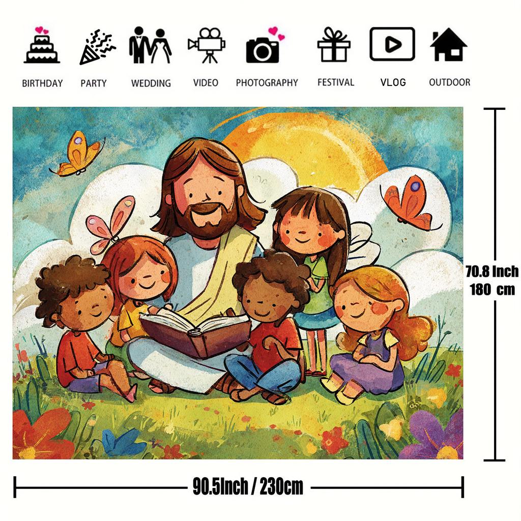One 2D flat banner background featuring Jesus and children - cute kids bright butterflies and colorful natural sceneszyc