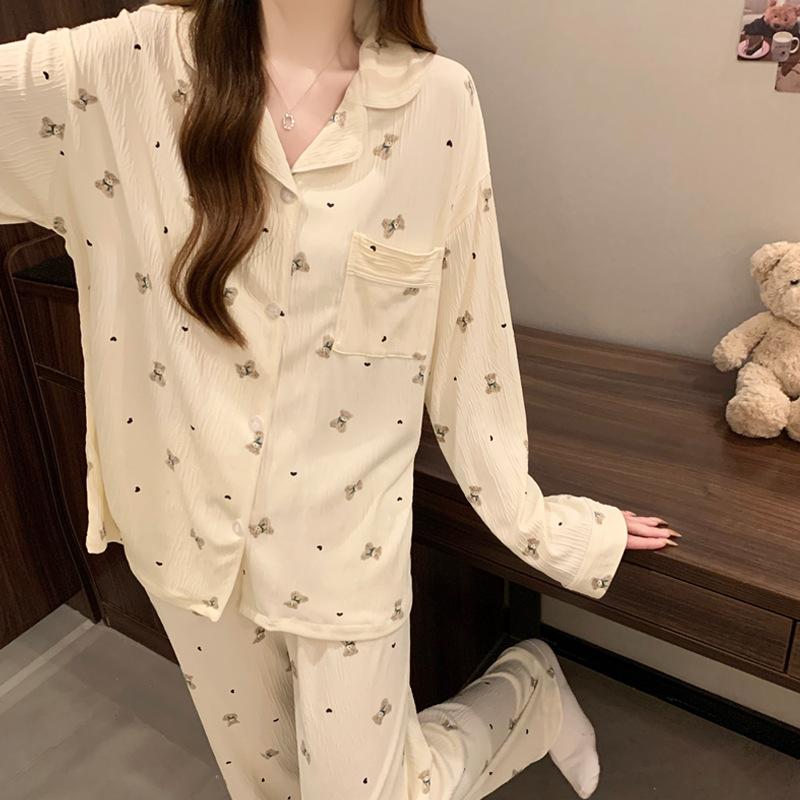 Wind Cute Bear Cardigan Pajamas Women'S Spring And Autumn Skin-Friendly And Comfortable Loungewear Long-Sleeved Set