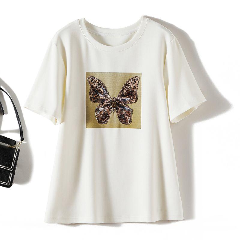 

Color Water Soluble Diamond Three-Dimensional Butterfly ~ Young Women s Short Sleeve round Neck Tencel Cotton Pullover T-shirt Summer Play Bi White L