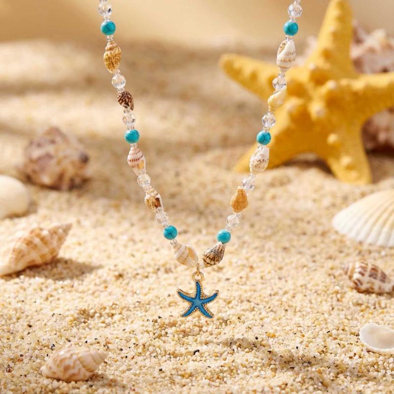 Mulitlayer Imitation Pearl Shell Starfish Pendant Necklace For Women Bohemian Ocean Elements Charm Choker Necklace Jewelry