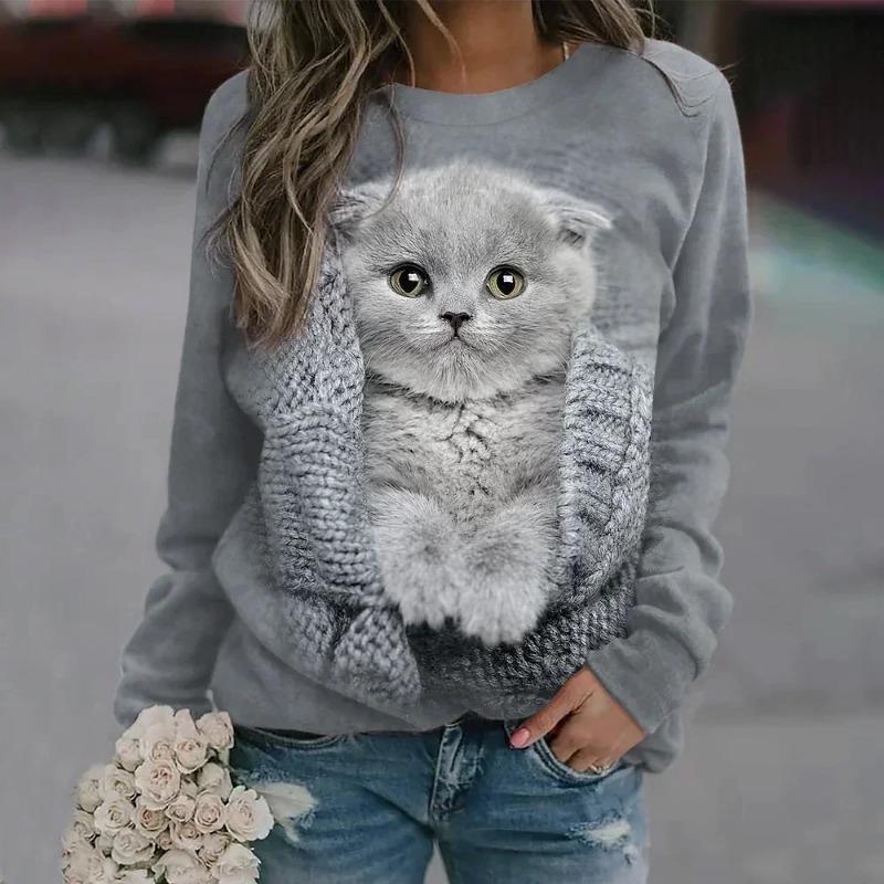 Women's 3D Pullovers O-neck Long Sleeve Cat Puppy Fashion Animal Cute Pet Print Hoodies Large Casual Street Wear Oversize Sweatshirt Ootd