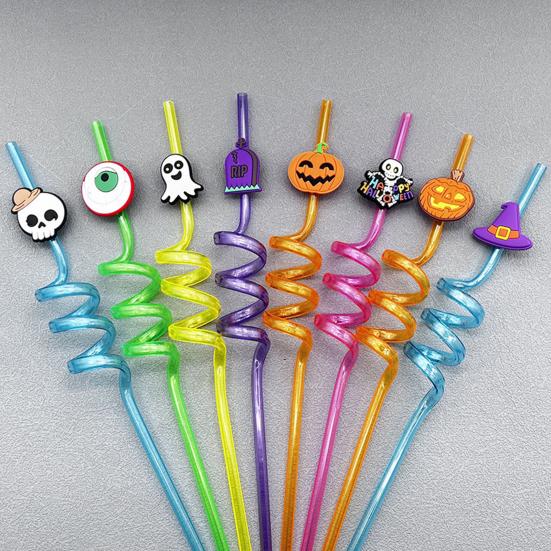 8Pcs Halloween Reusable Drinking Straws Children Spiral Beverage Straw for Hot Cold