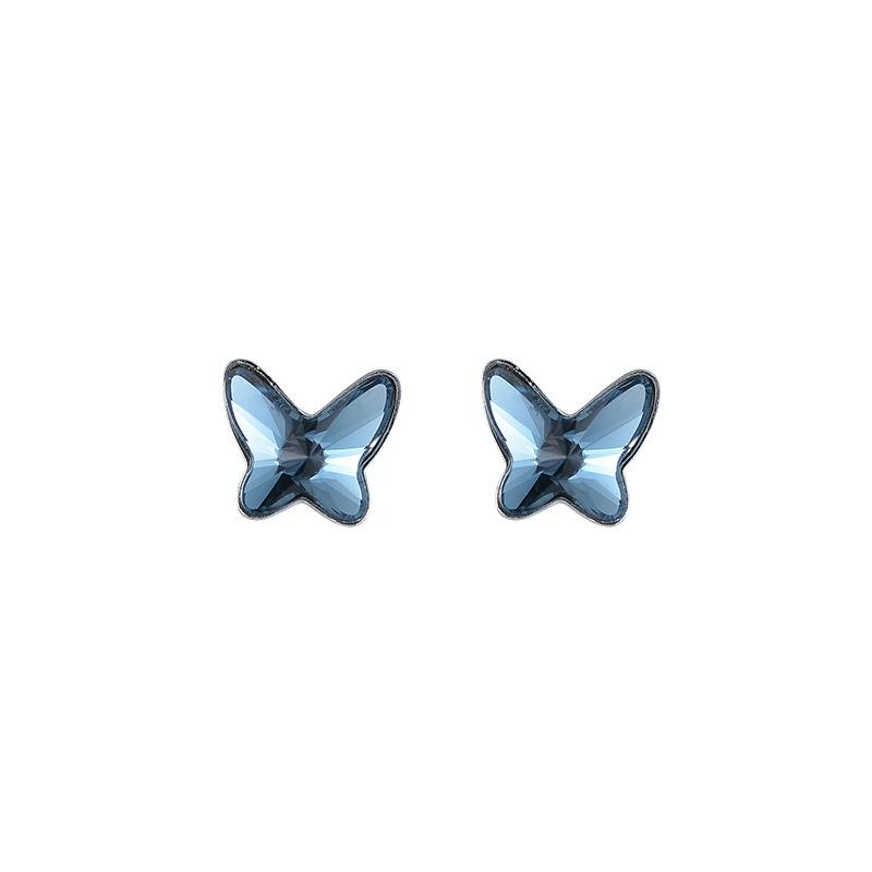 Austrian Bow Blue Crystal Stud Earrings for Women S925 Luxury Simple and Light Luxury Small Super Fairy Sterling Silver Earrings