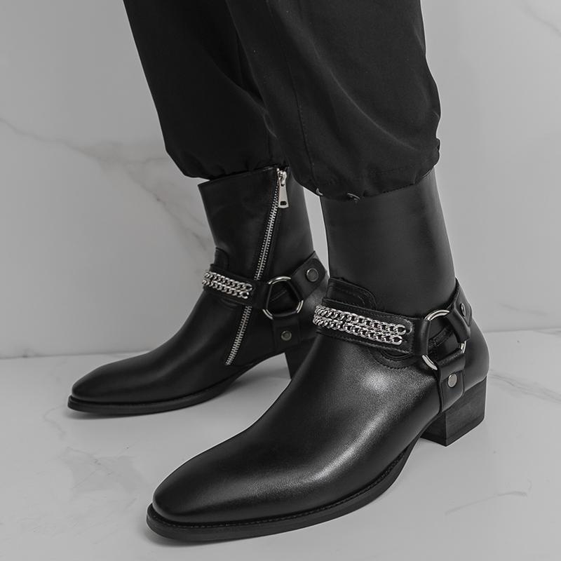 Fashion Classic Black Fashionable Mens Breathable Side Zipper High Top Boots Autumn Men Comfortable Pointed Western Cowboy Outdoor Boots