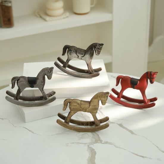 Yousheng Wooden Rocking Horse Figurine Vintage Wood Carving Pony Statue Sculpture Home Office Desktop Decoration Ornament