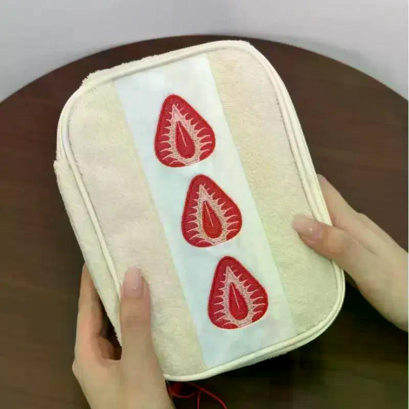 Cute Embroidered Strawberry Pencil Case Portable Stationery Pen Box Multi Functional Large Capacity Makeup Bag Storage Bag