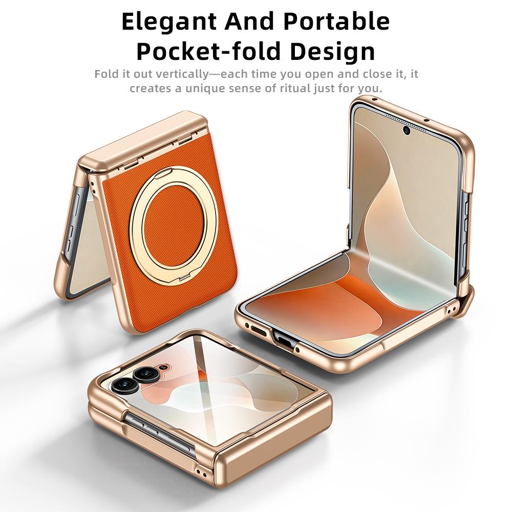 Galvanisierte Leder-Funda für Motorola Razr 60 Ultra 70 Ultra Scharnier-Case Drehbarer Magnetischer Ring Ständer Abdeckung mit Kleiner Bildschirmfolie