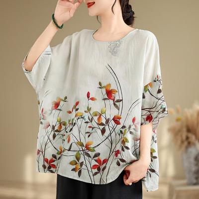 Summer Hemp Cotton Blouse Ethnic Style Bat Sleeve Loose Oversized Round Neck T-shirt Casual Comfortable for Women