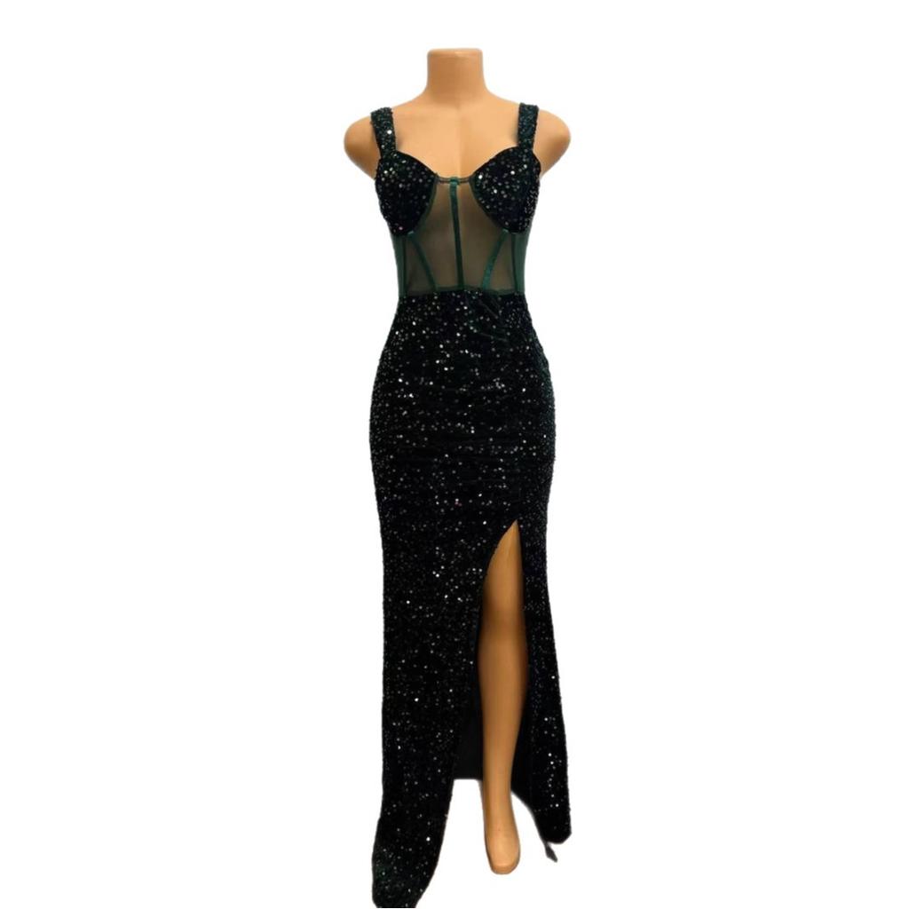 Hot-selling European and American style suspender low-cut dress, sequined split-ended halter skirt, sexy slim-fitting long dress