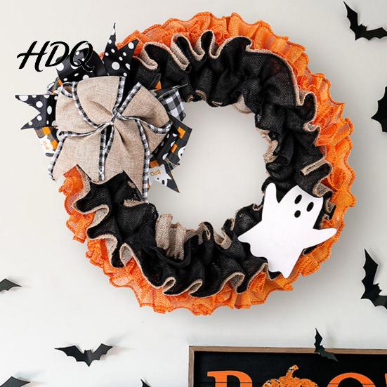 Shop Window Halloween Decor 15 Inch Wreath for Front Door, Rustic Ruffle with Door Ghost And Burlap Bow Fireplace Walls Windows Gothic Party