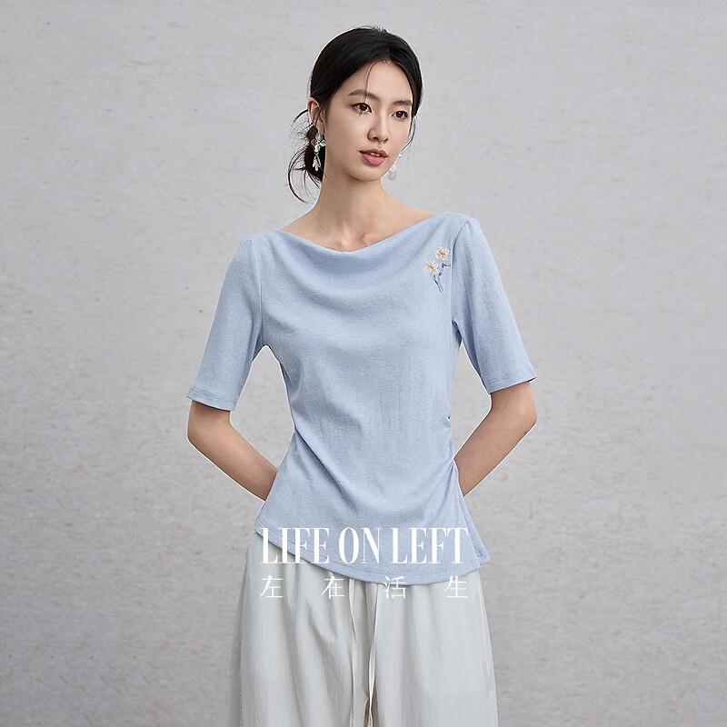 LIVING ZUO Women s Cotton Blend Floral Embroidered Short Sleeve T-Shirt S